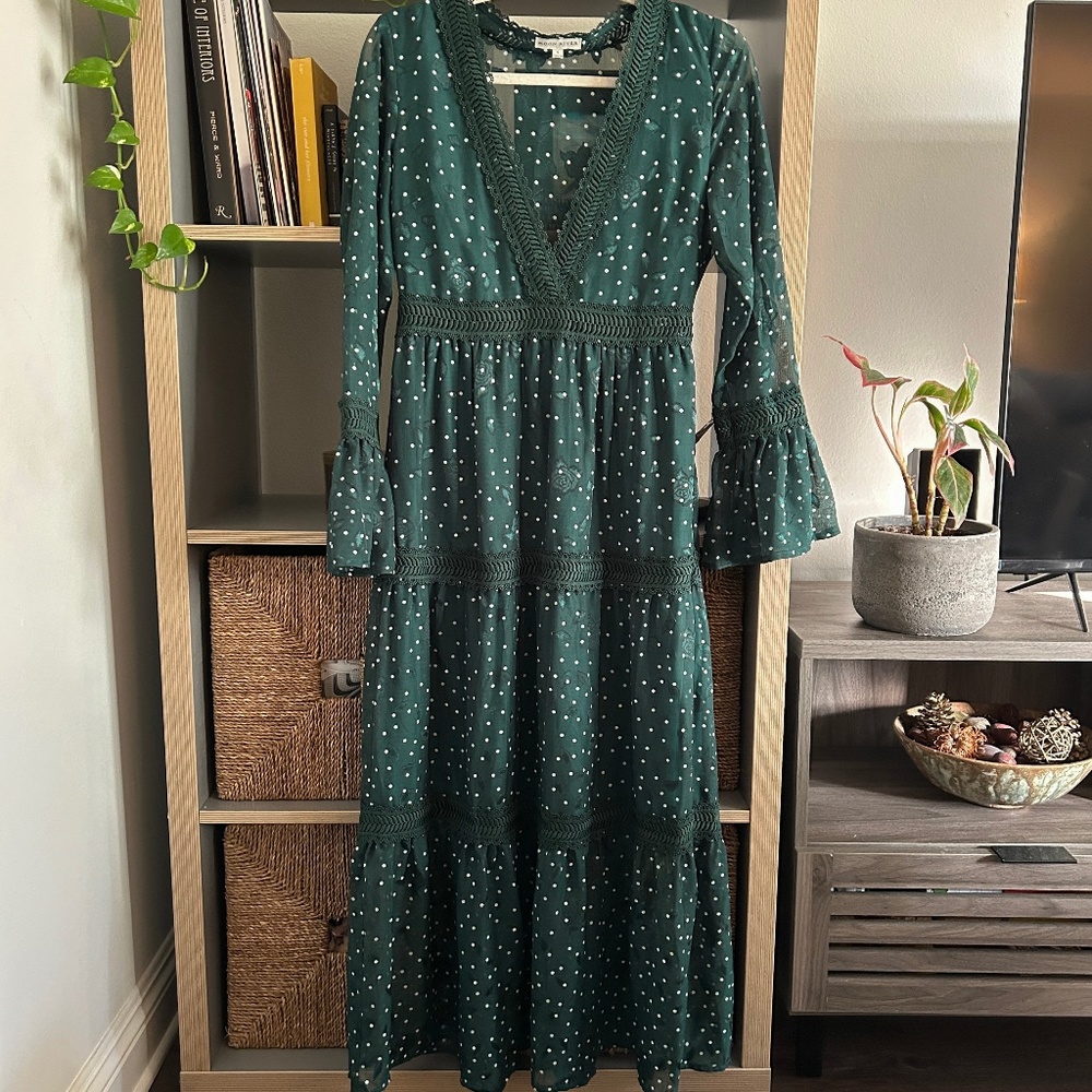 Beautiful Moon River Dark Teal Polka Dot Tiered Maxi Dress - Size Small